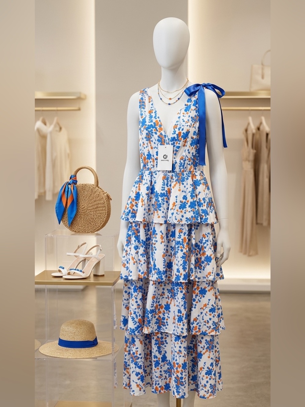 NWT White Floral Tiered Maxi Dress with Blue & Orange Print Shoulder Tie